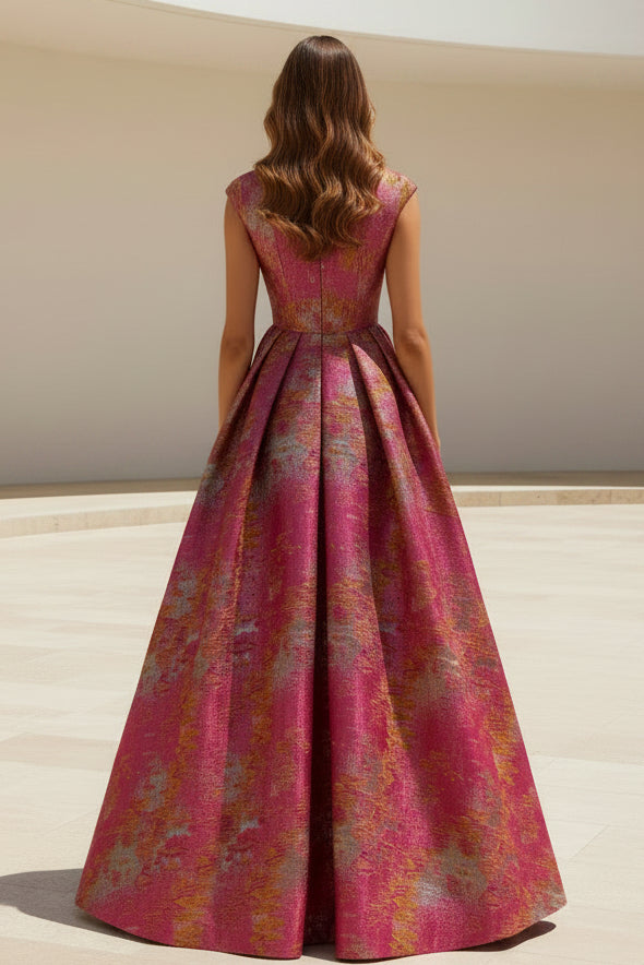 Vestido de gala de jacquard metálico con cuello alto