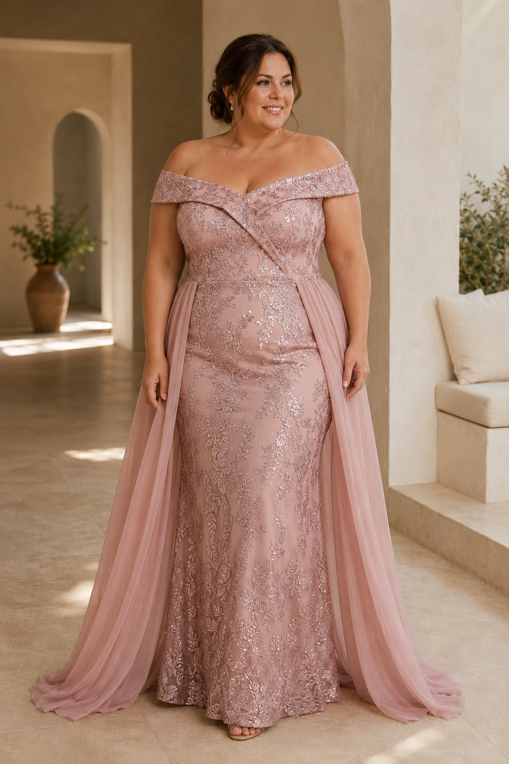 Vestido de gala de sirena de encaje con hombros descubiertos y sobrefalda