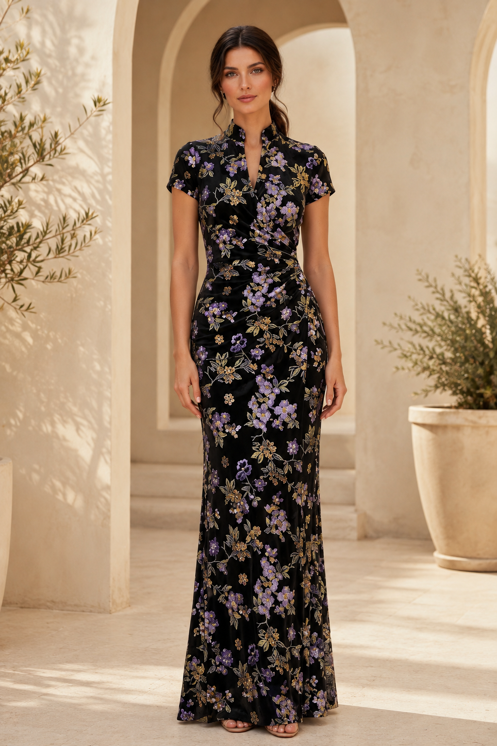 Vestido largo de manga corta con cuello mandarín y estampado floral