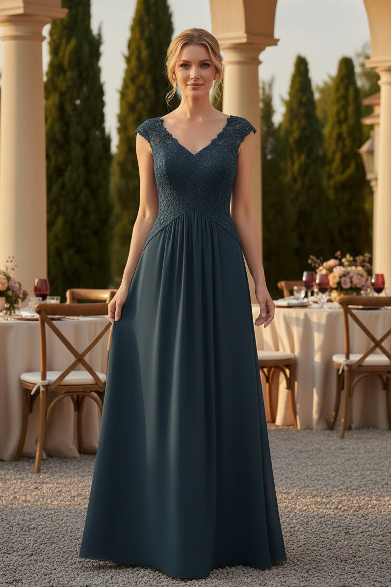 Vestido de noche de gasa de corte A con escote en V y mangas casquillo