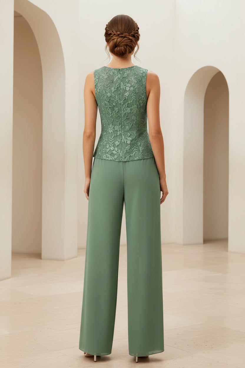 Elegante pantalón de encaje con chaqueta de manga larga a juego