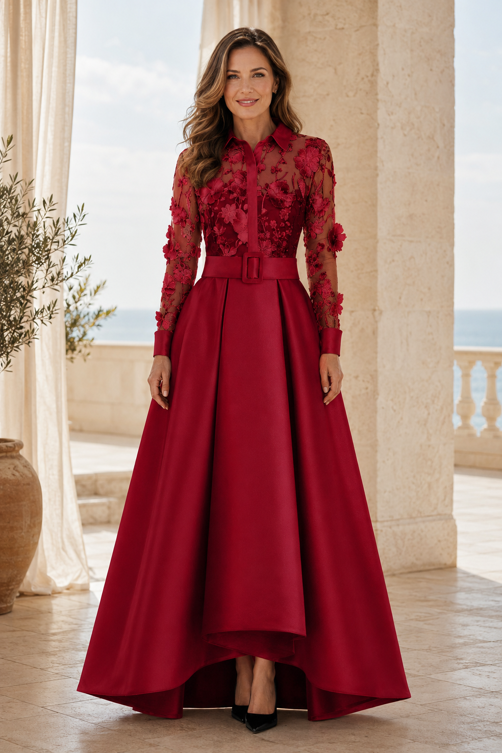 Vestido camisero de encaje floral 3D con falda asimétrica