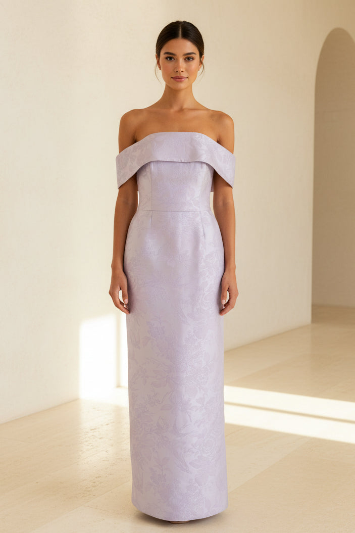 Vestido columna de jacquard con hombros descubiertos
