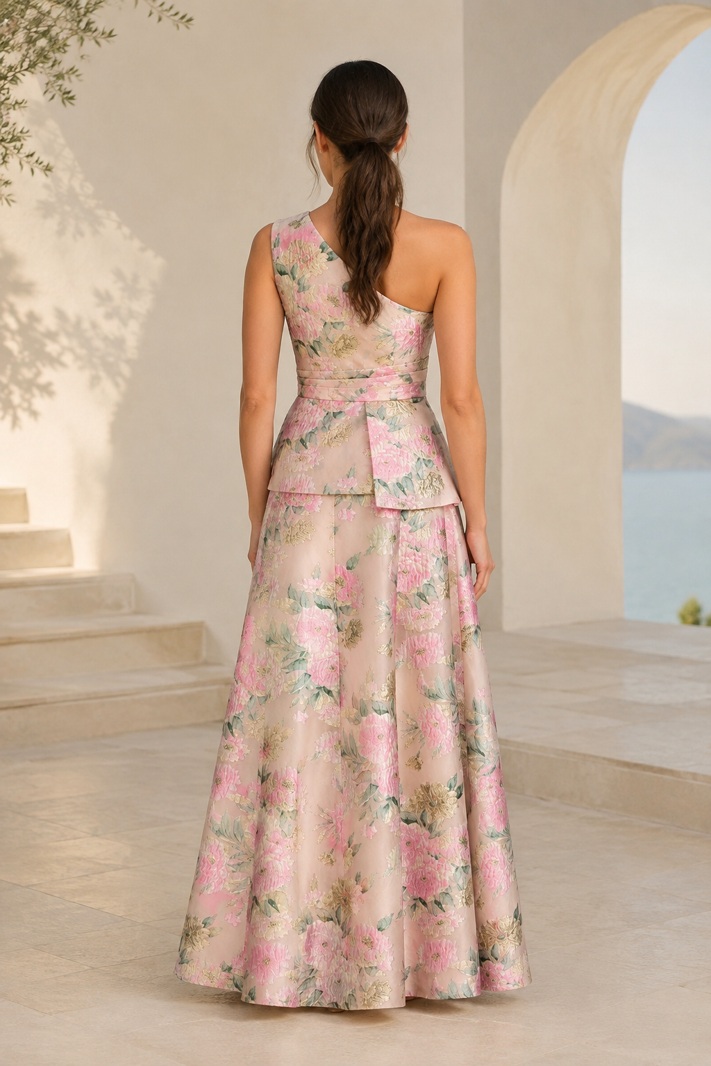 Vestido de gala peplum jacquard floral de un solo hombro