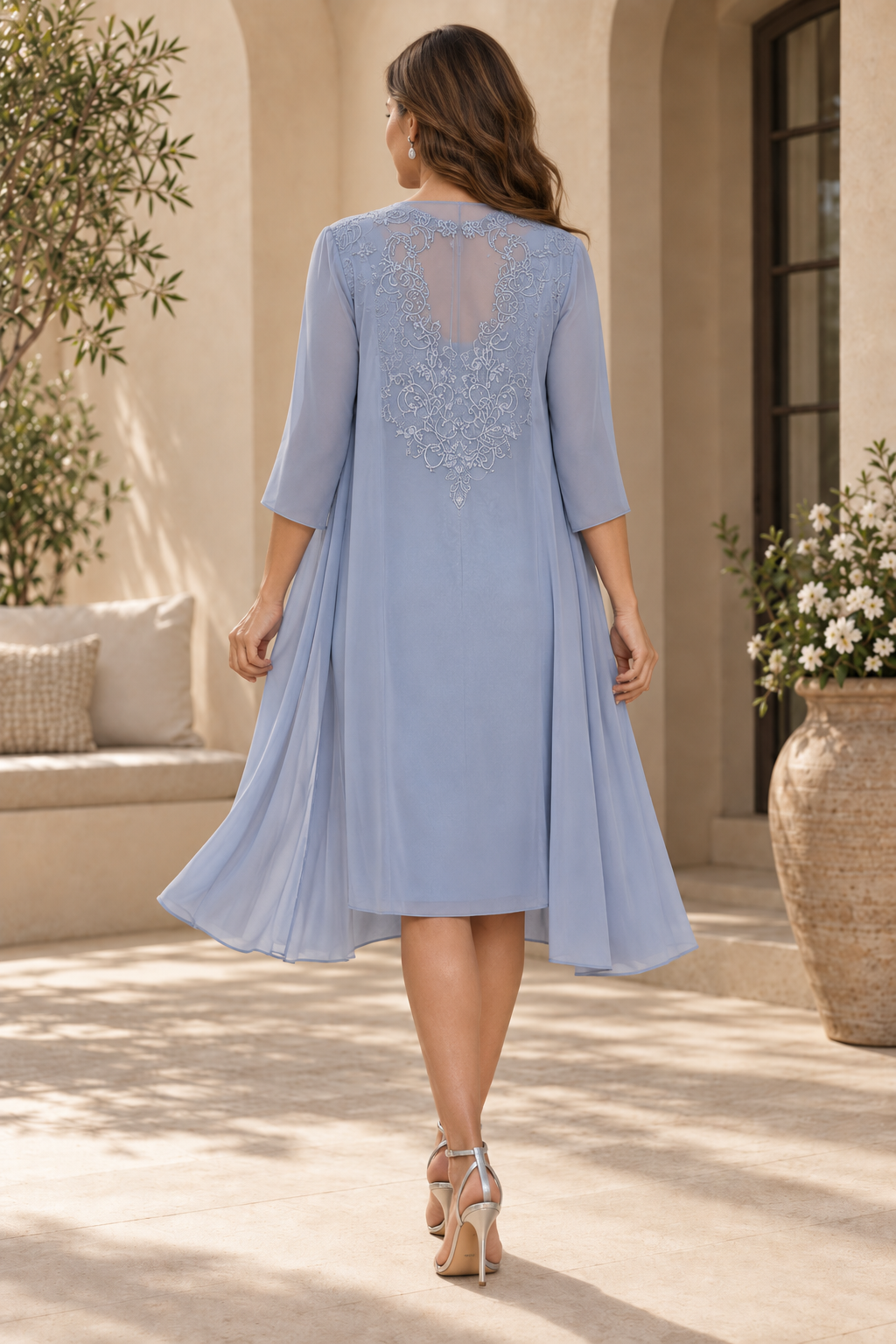 Embroidered Knee-Length Dress with Chiffon Jacket