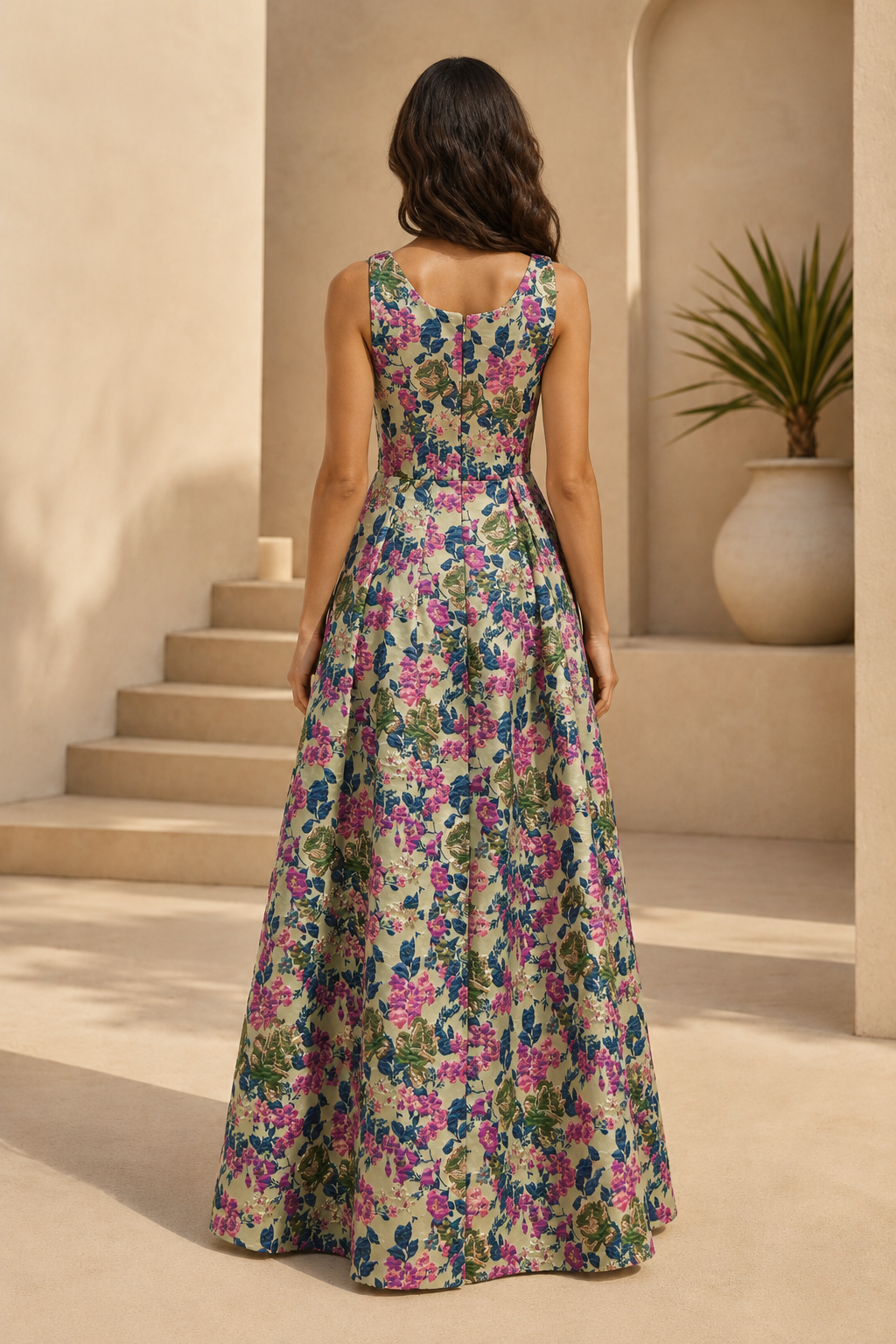 Vestido maxi de línea A de jacquard floral