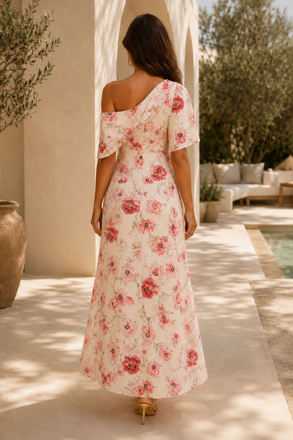 Maxivestido asimétrico floral de un solo hombro