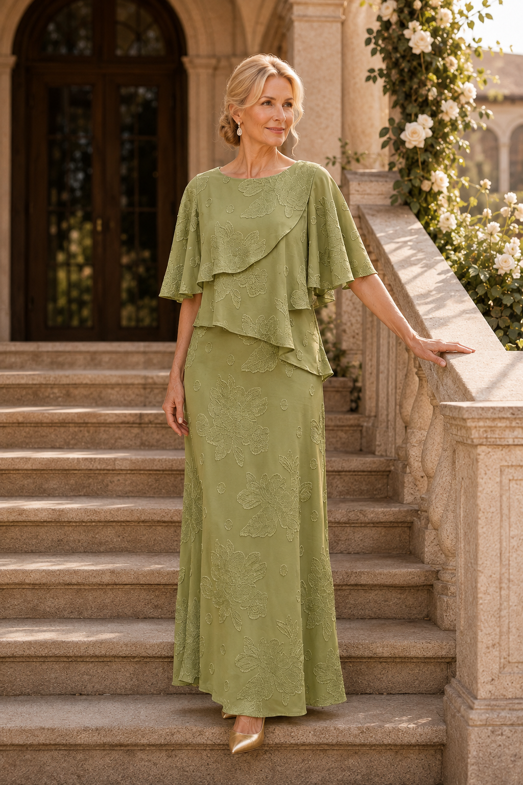 Vestido largo de capa con volantes y textura floral