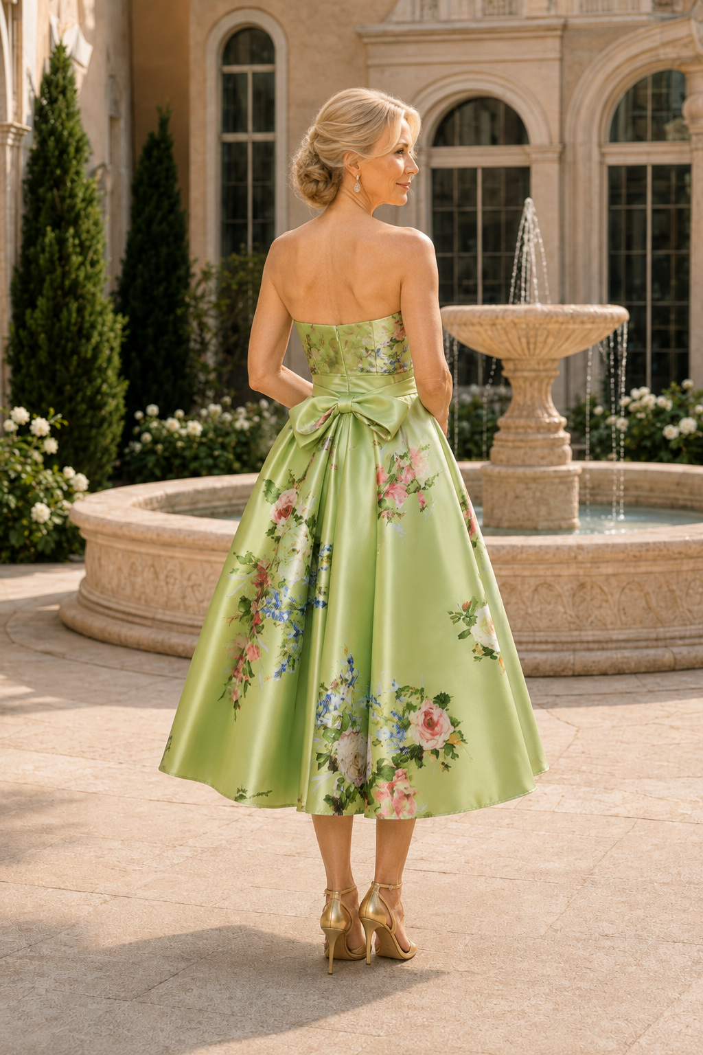 Vestido de satén floral sin tirantes hasta la altura del té