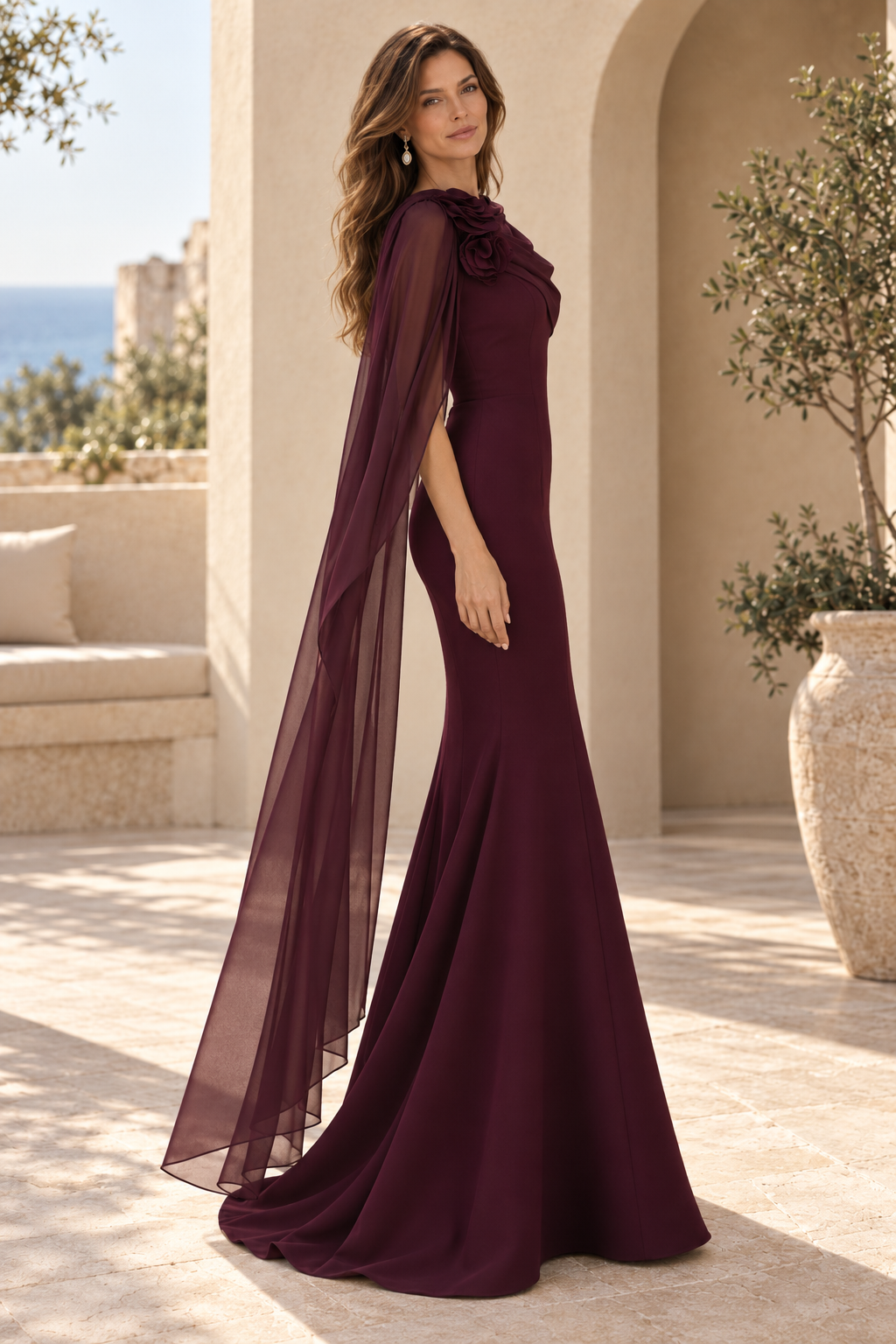 Mermaid Evening Gown with Chiffon Cape Sleeve
