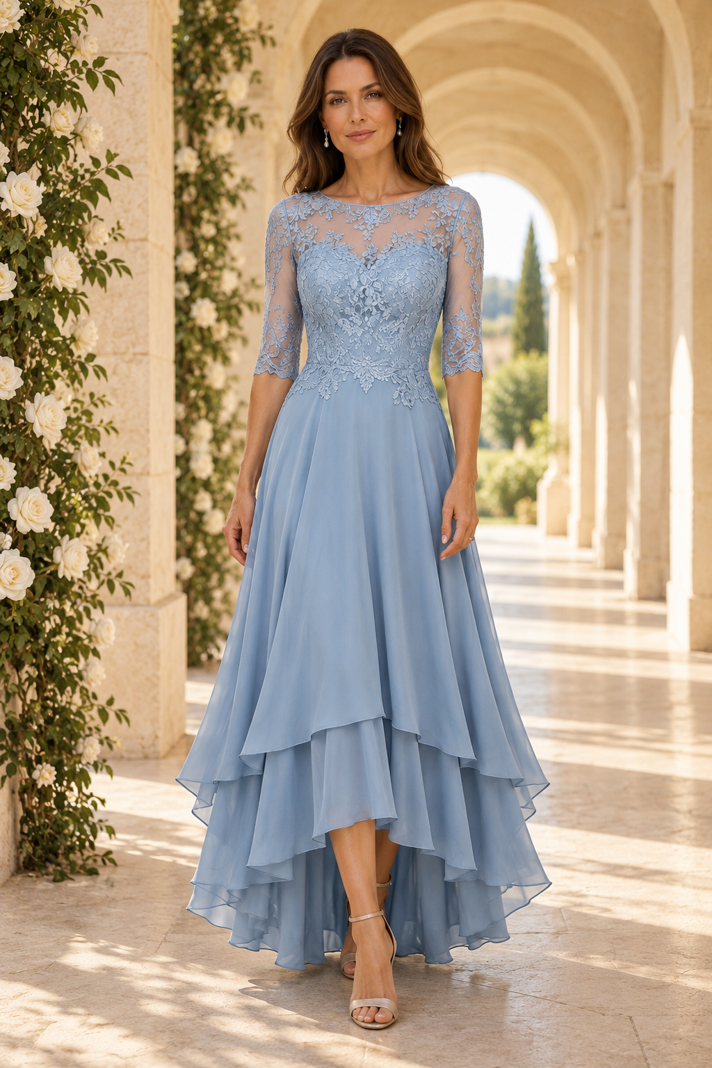 Lace Bodice Tiered High-Low A-Line Dress