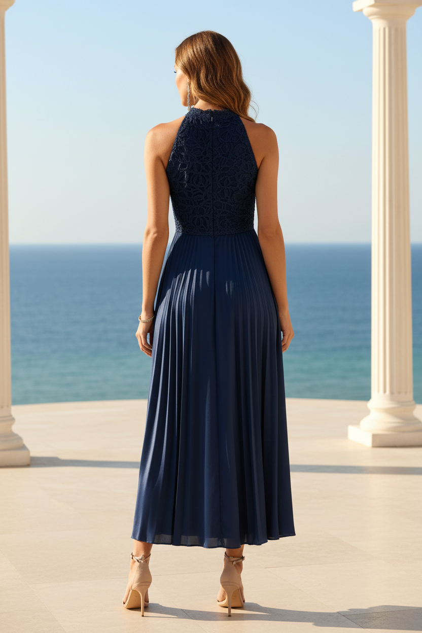 Vestido midi de satén con escote halter y cuerpo de encaje