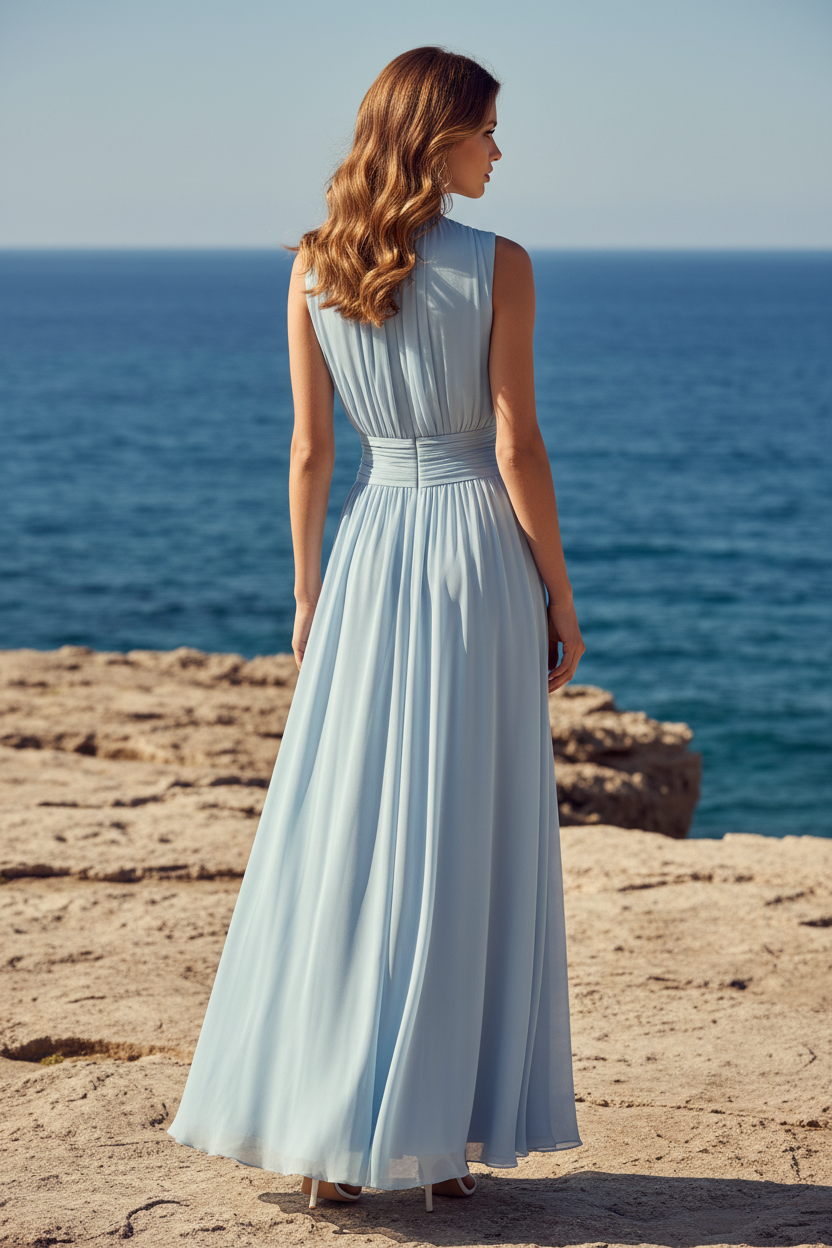 Vestido largo de chifón plisado sin mangas con corte en A