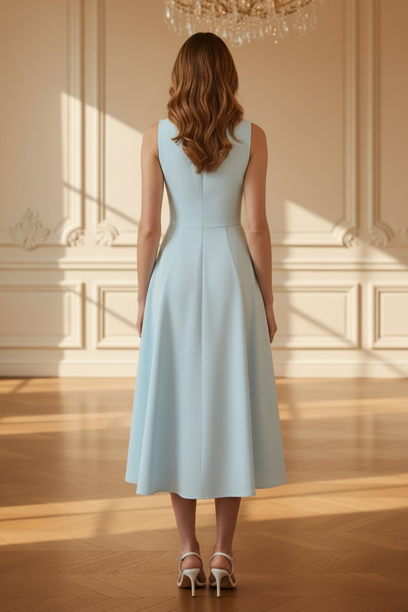 Vestido Midi Acampanado de Cuello Alto con Pliegues