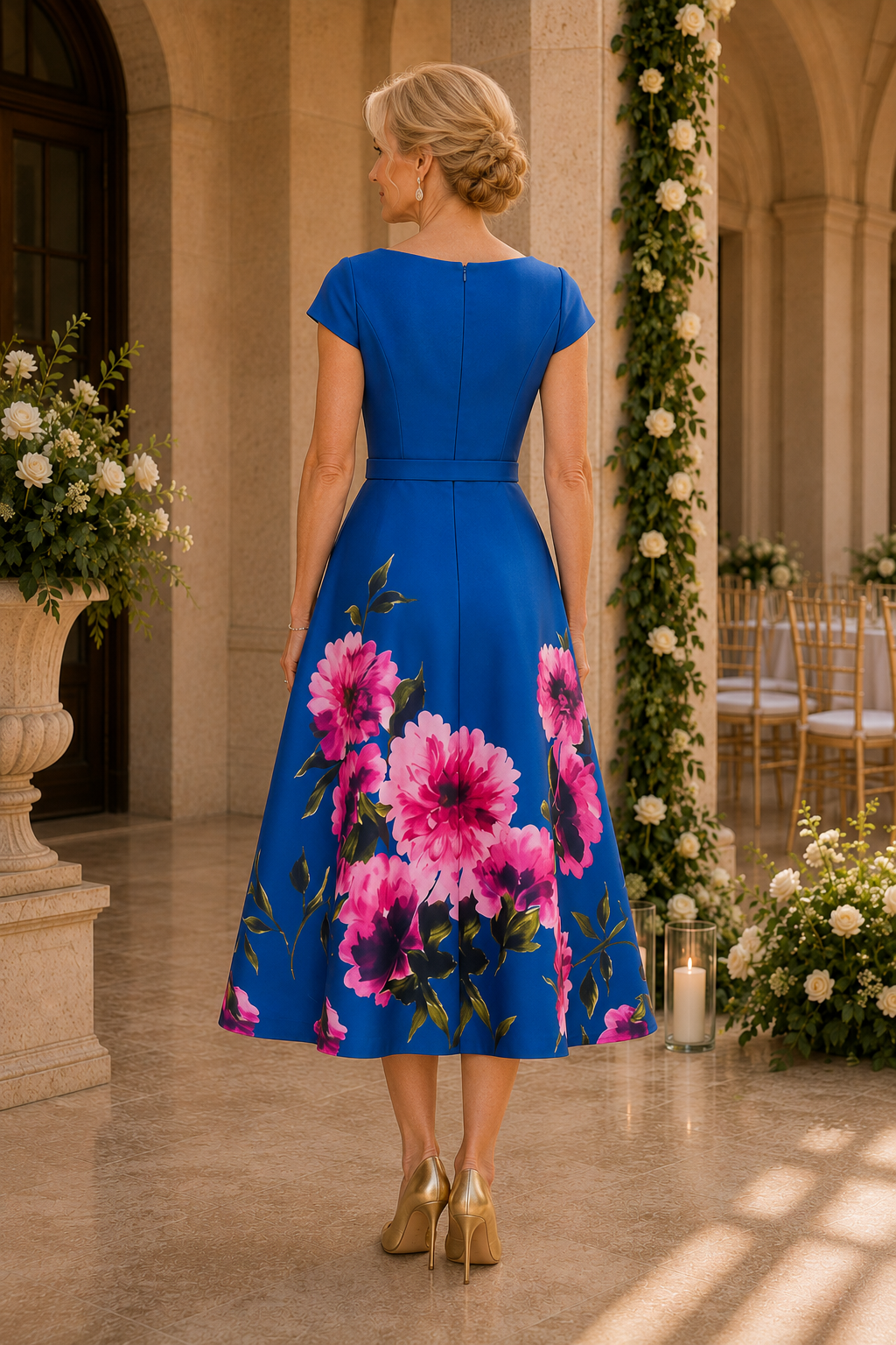 Vestido de vuelo con estampado floral, cinturón y corte midi