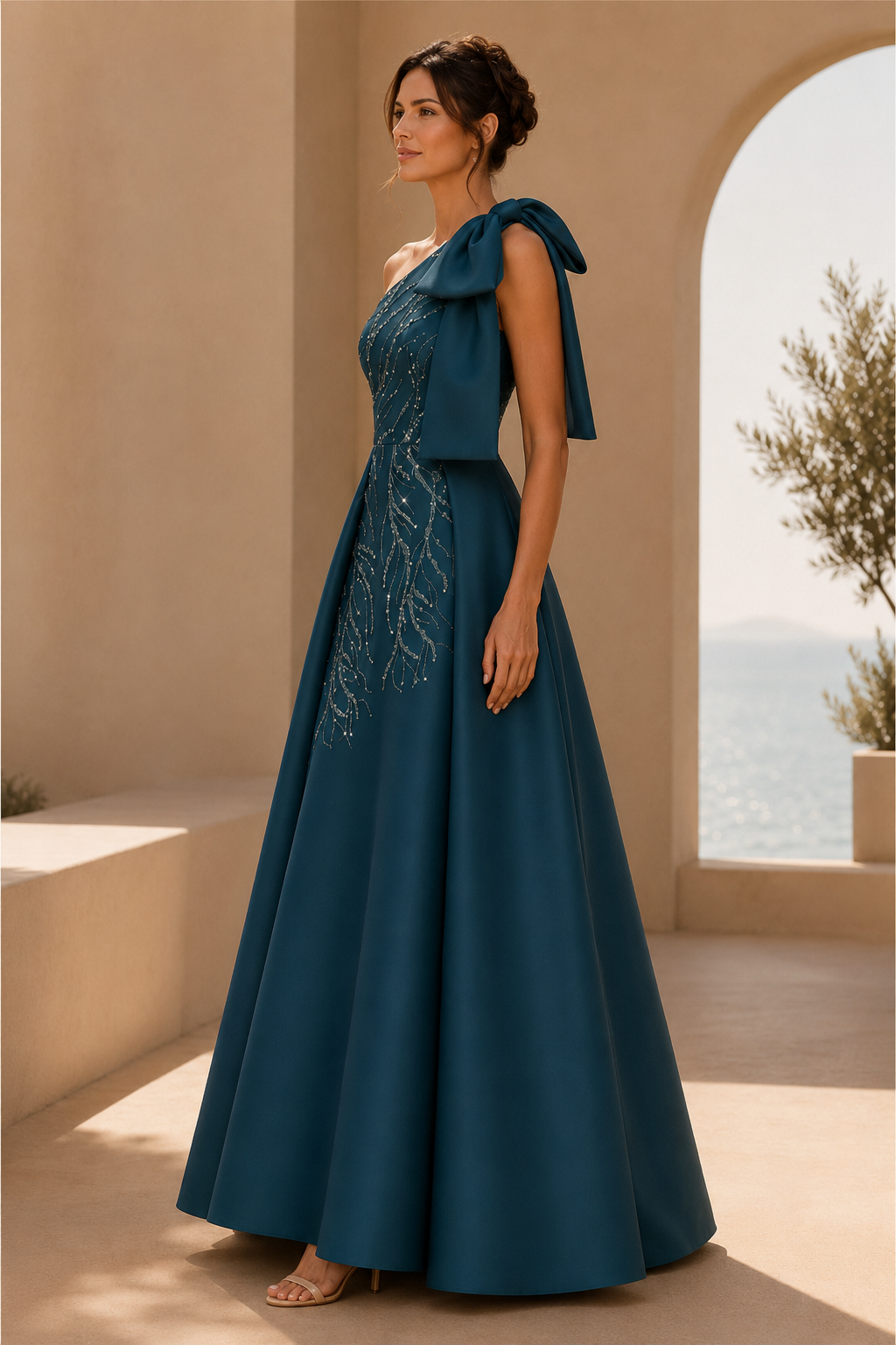 Vestido de Noche Acampanado con Lazo y Un Solo Hombro