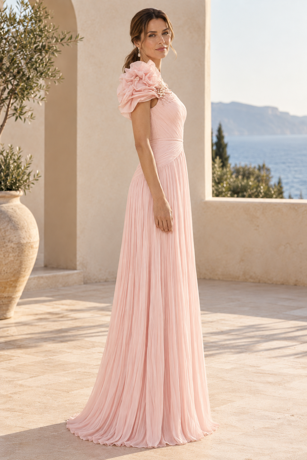 One-Shoulder Pleated Floral Applique A-Line Gown
