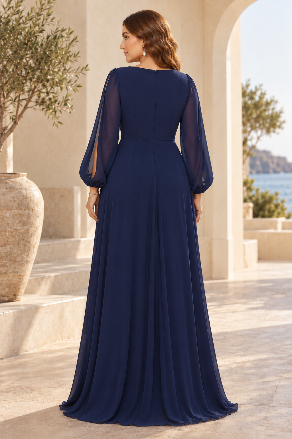 V-Neck Split Long Sleeve Chiffon Evening Gown