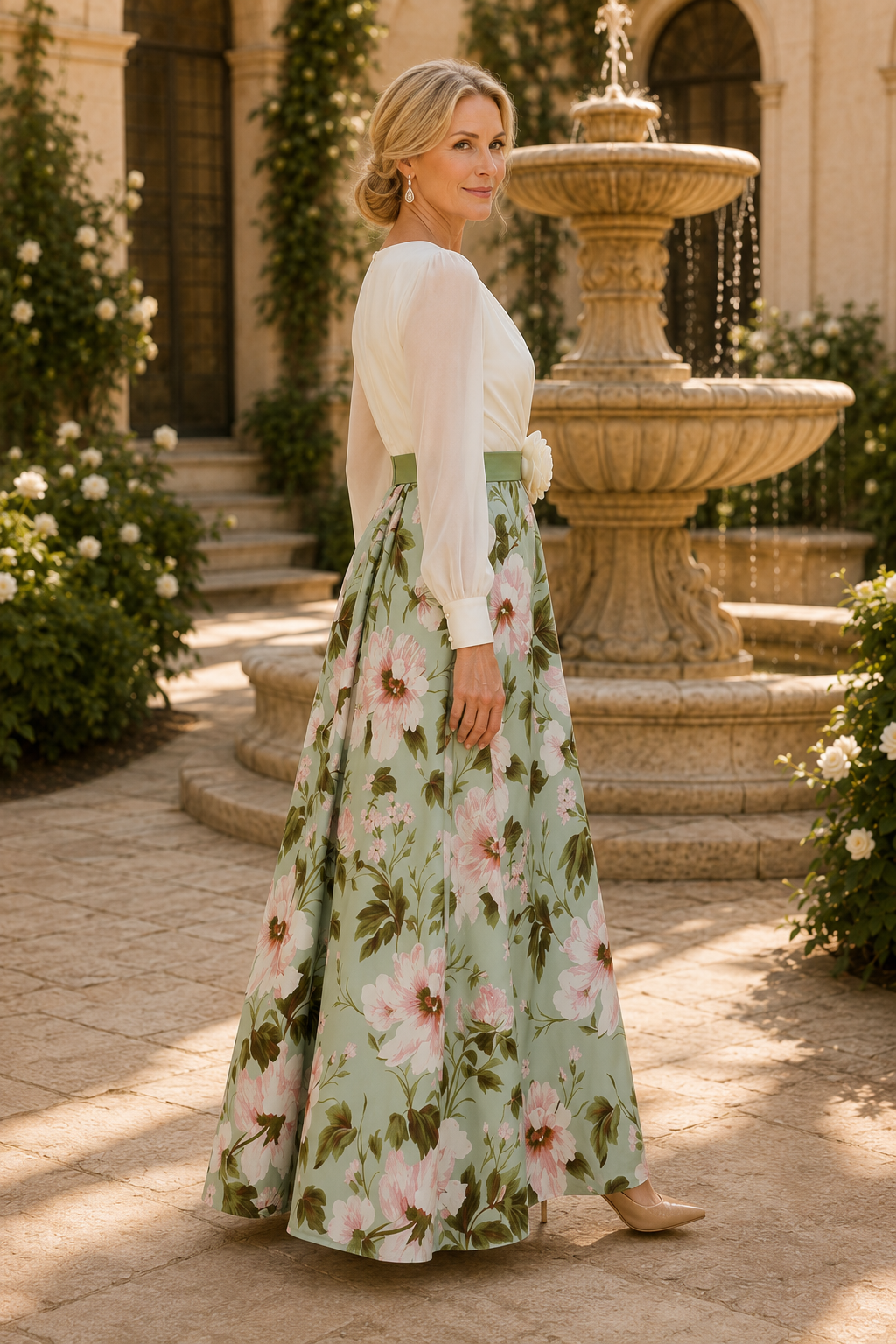 Vestido maxi acampanado con estampado floral y manga larga