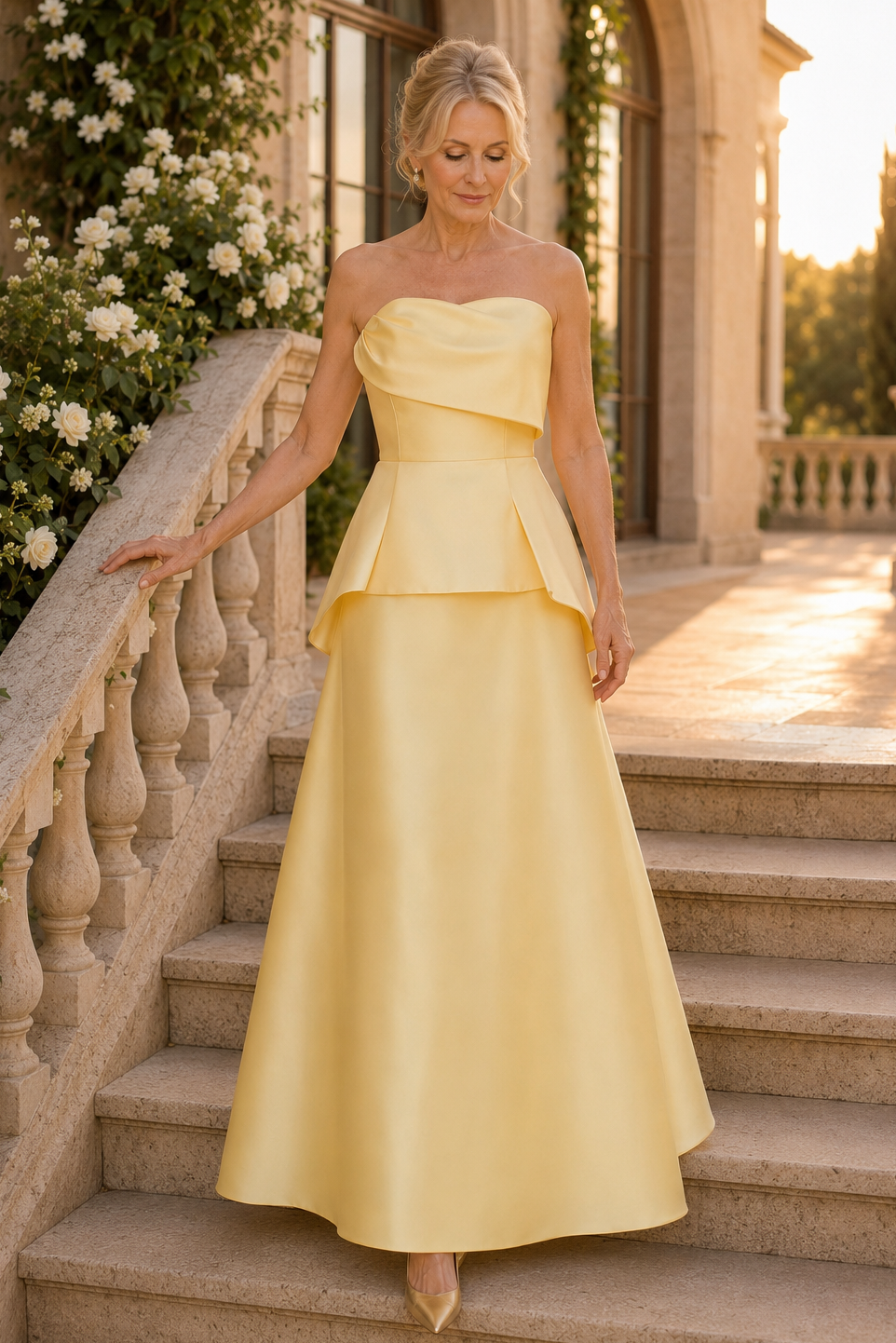 Vestido de Noche A-Line con Peplum y sin Tirantes