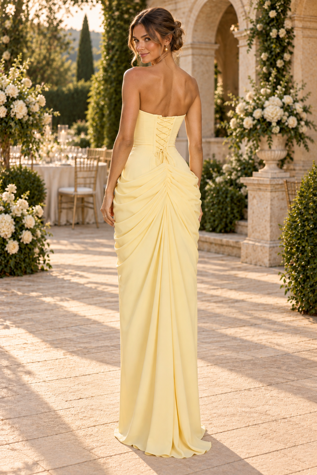 Strapless Ruched Corset Gown with High Slit
