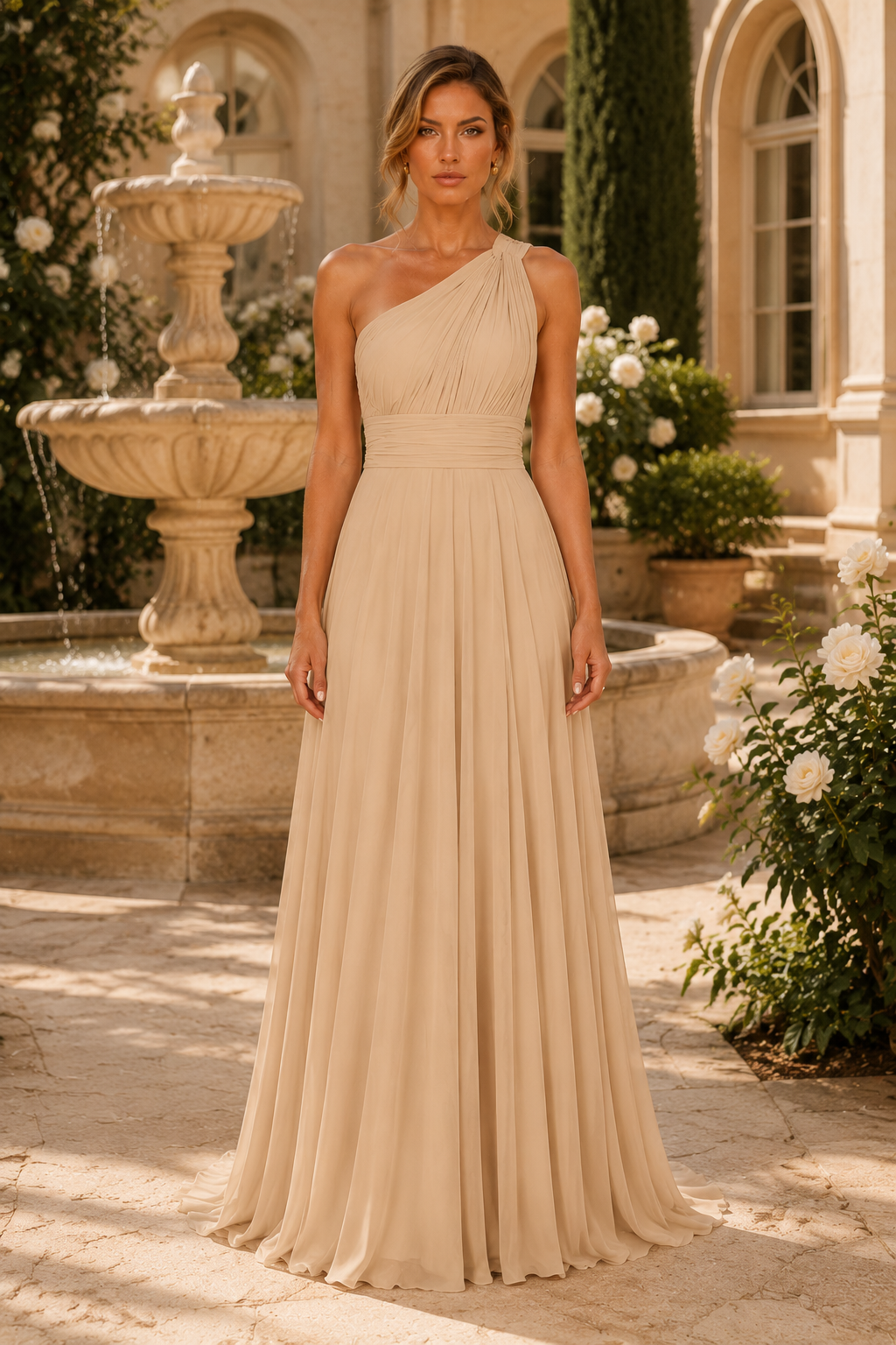 Vestido Maxi de Gasa Plisado con un Solo Hombro