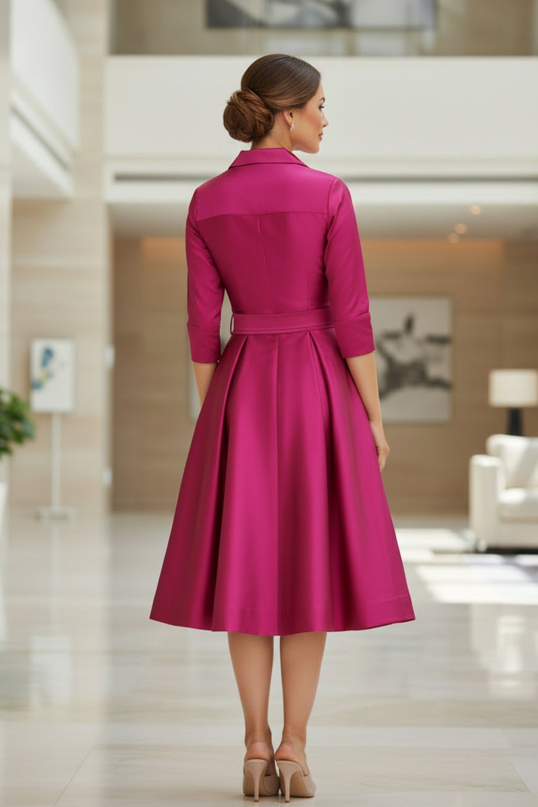 Vestido camisero de satén con cinturón de lazo y falda completa