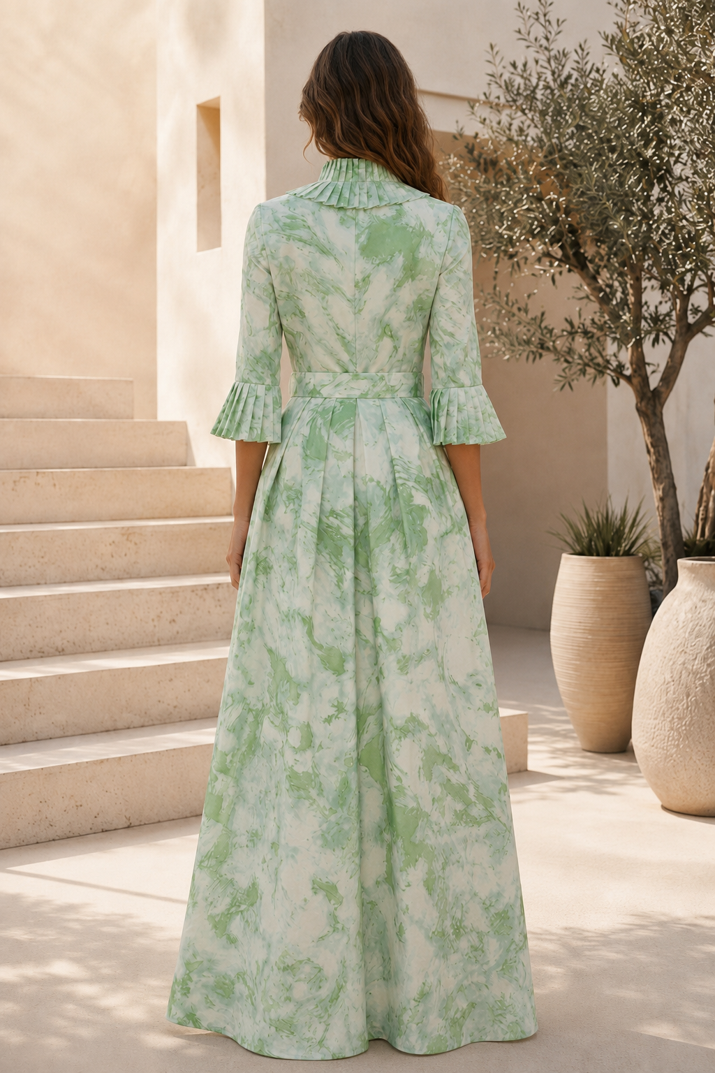 Vestido largo de corte A con volantes plisados y bolsillos