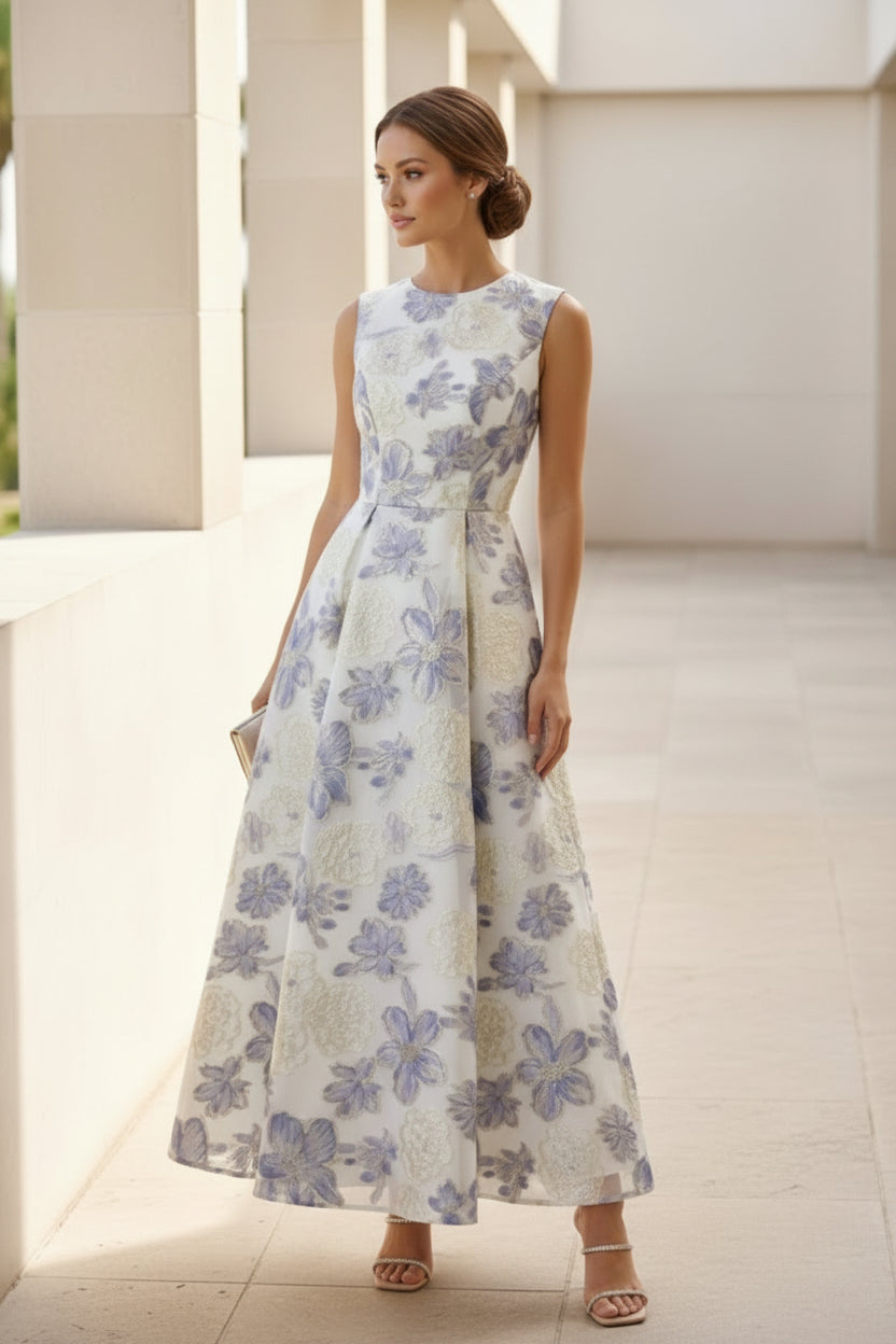 Vestido sin mangas con estampado jacquard floral y corte A hasta el tobillo