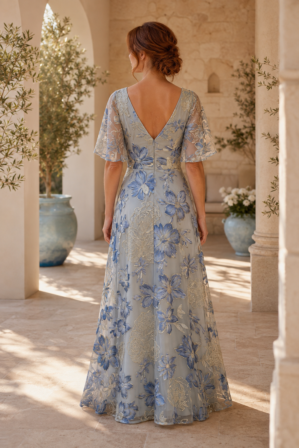 Vestido largo de corte en A con escote en V bordado floral y mangas mariposa
