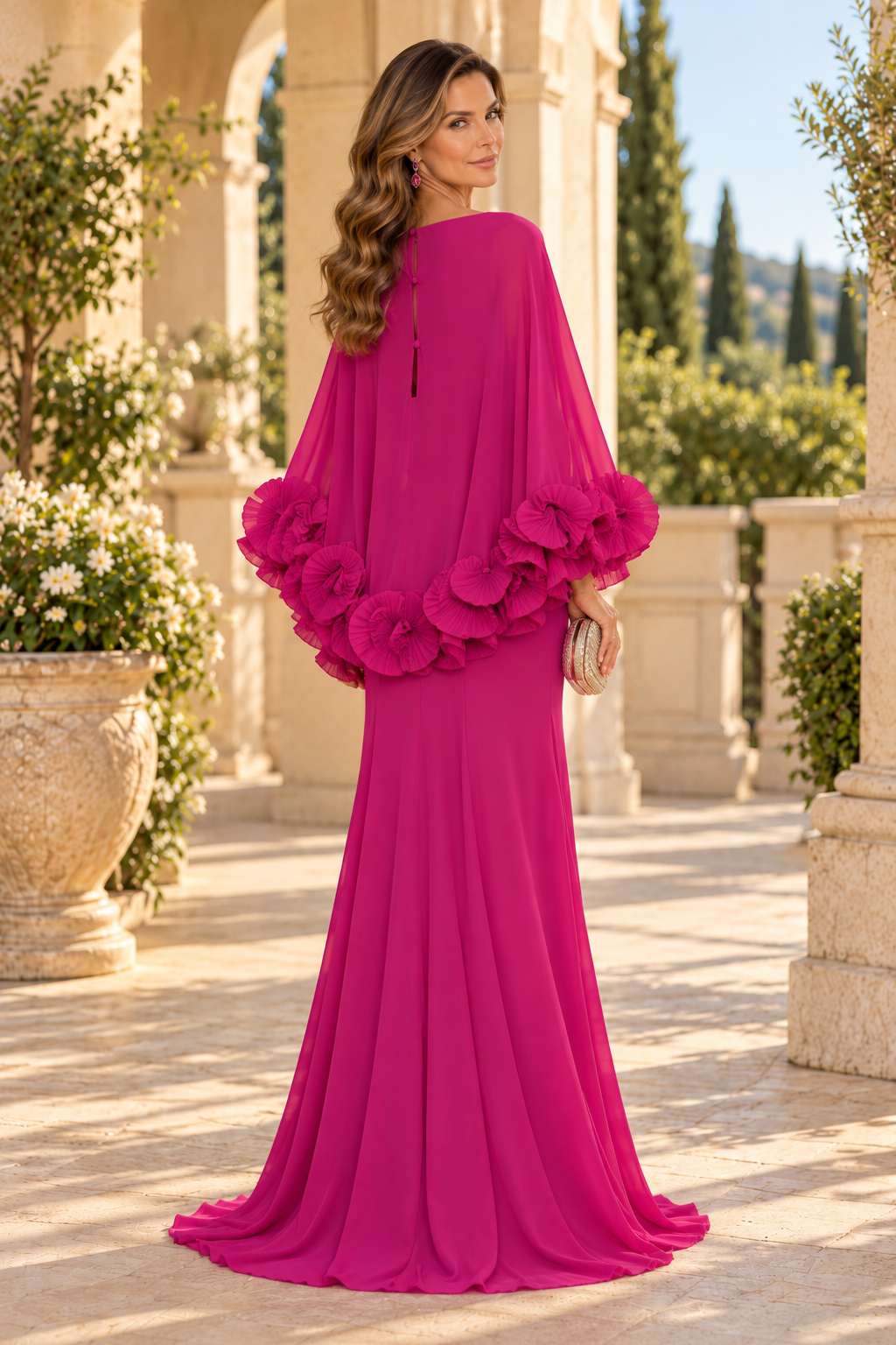 Chiffon Cape Evening Gown with Ruffle Trim
