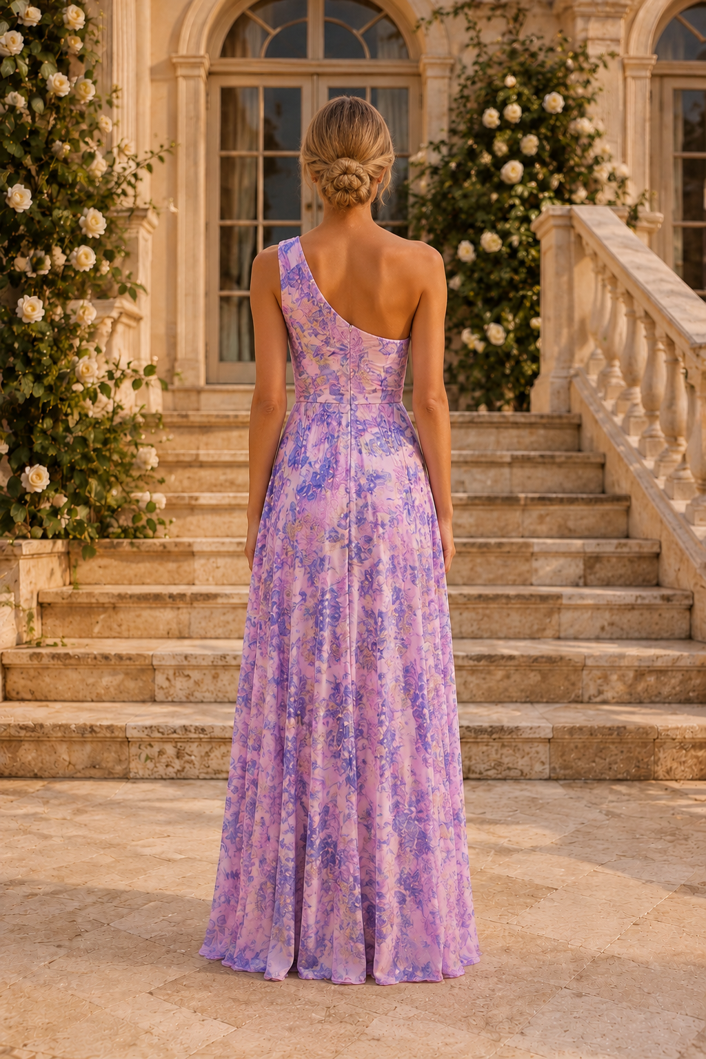 Vestido largo asimétrico floral de un solo hombro