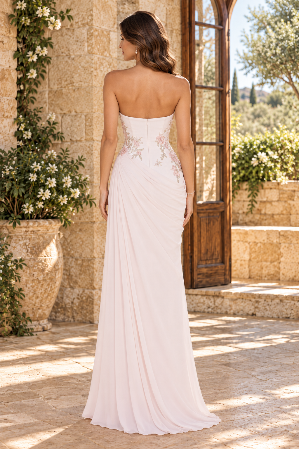 Strapless Floral Applique Draped Evening Gown
