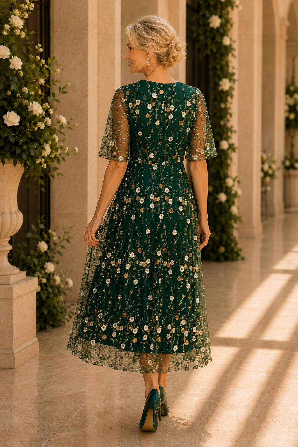 Vestido midi con bordado floral y mangas con volantes
