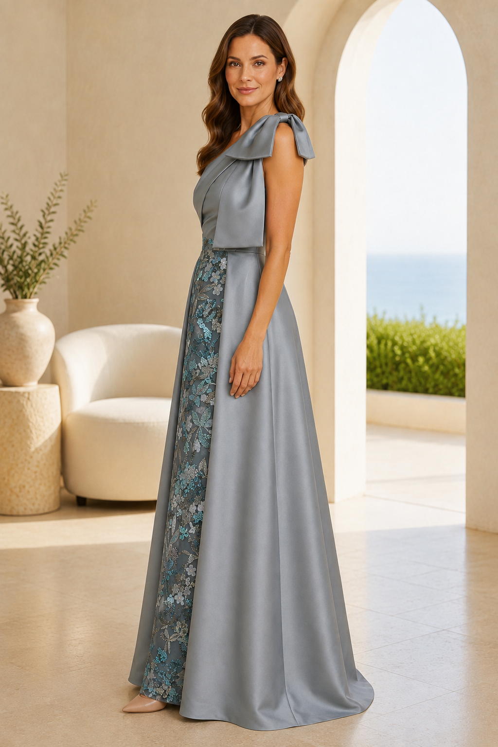 Vestido de satén asimétrico con panel floral y lazo