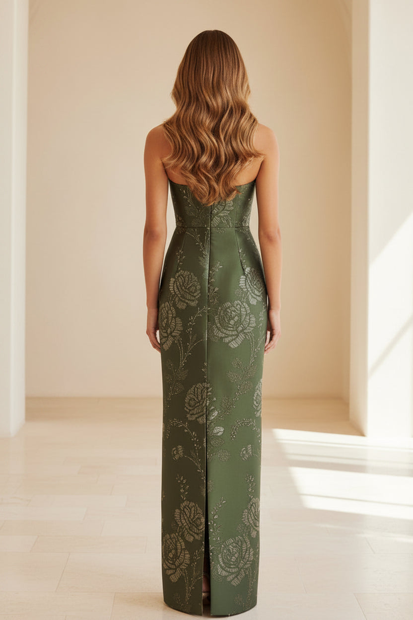 Vestido columna jacquard floral sin tirantes