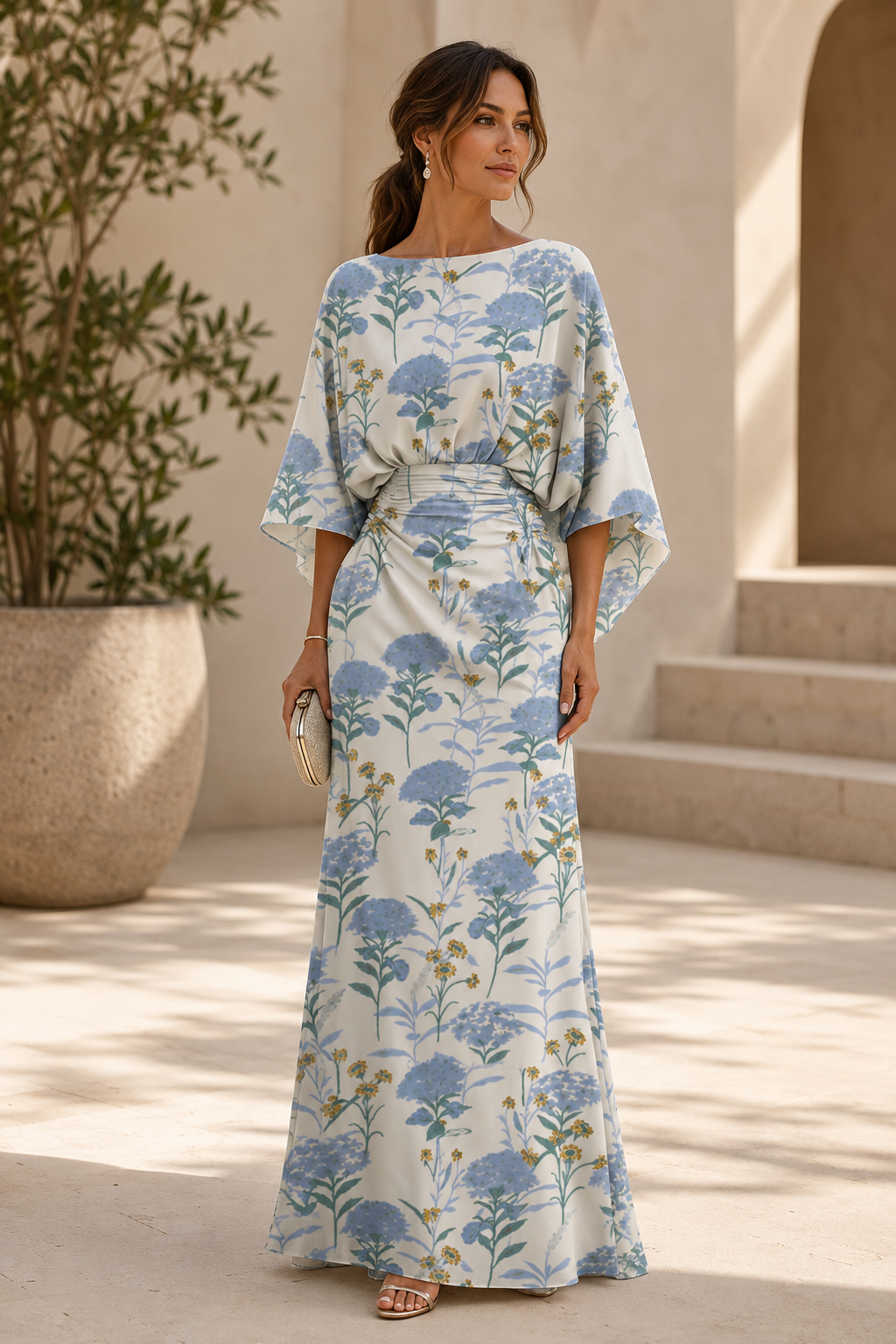 Vestido largo con estampado floral, escote barco y mangas acampanadas