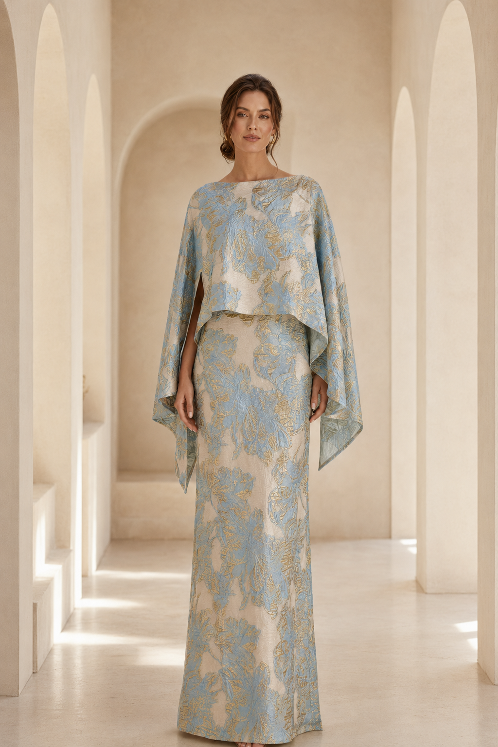 Vestido de noche maxi capa de jacquard