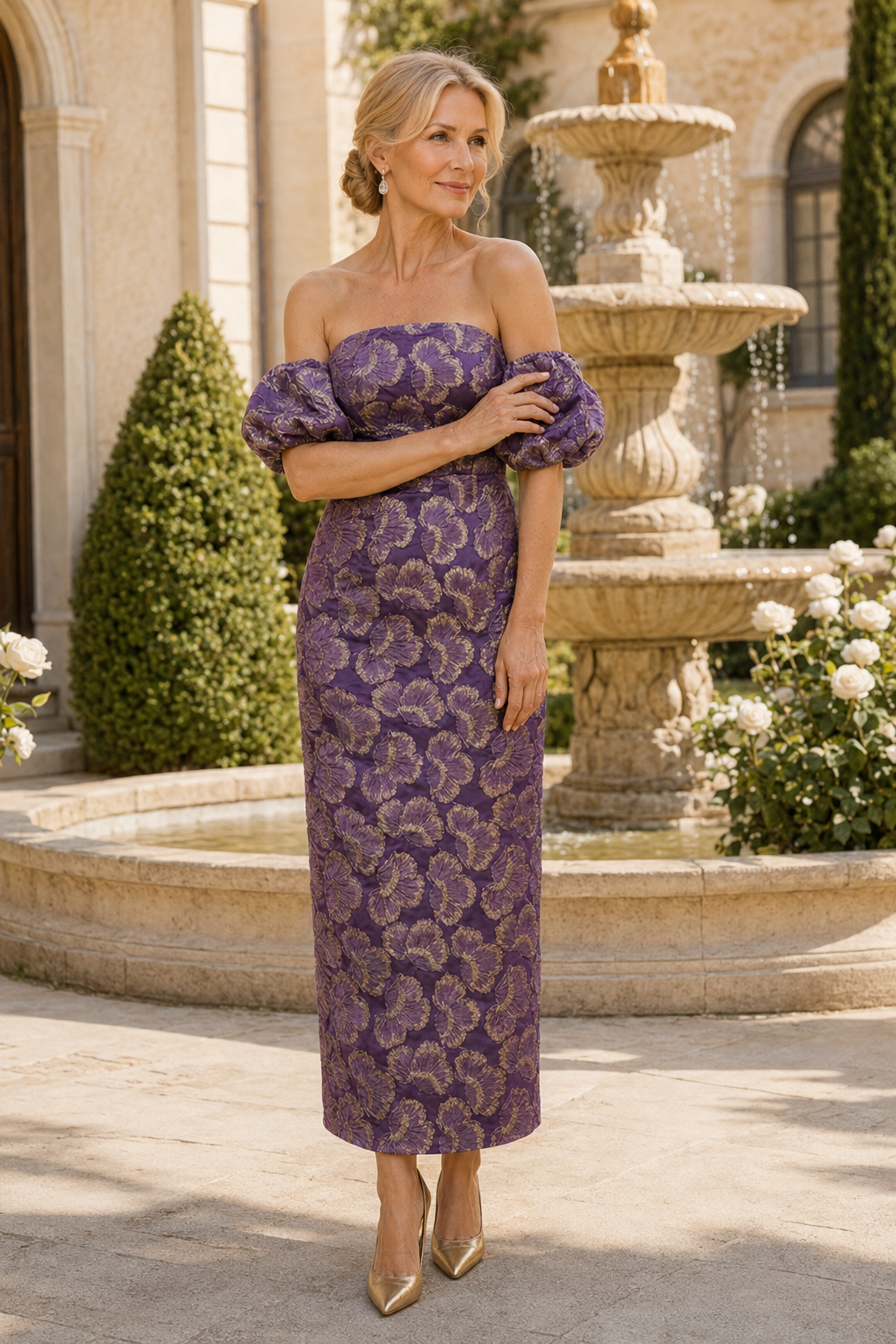 Vestido columna de jacquard con hombros descubiertos y mangas abullonadas