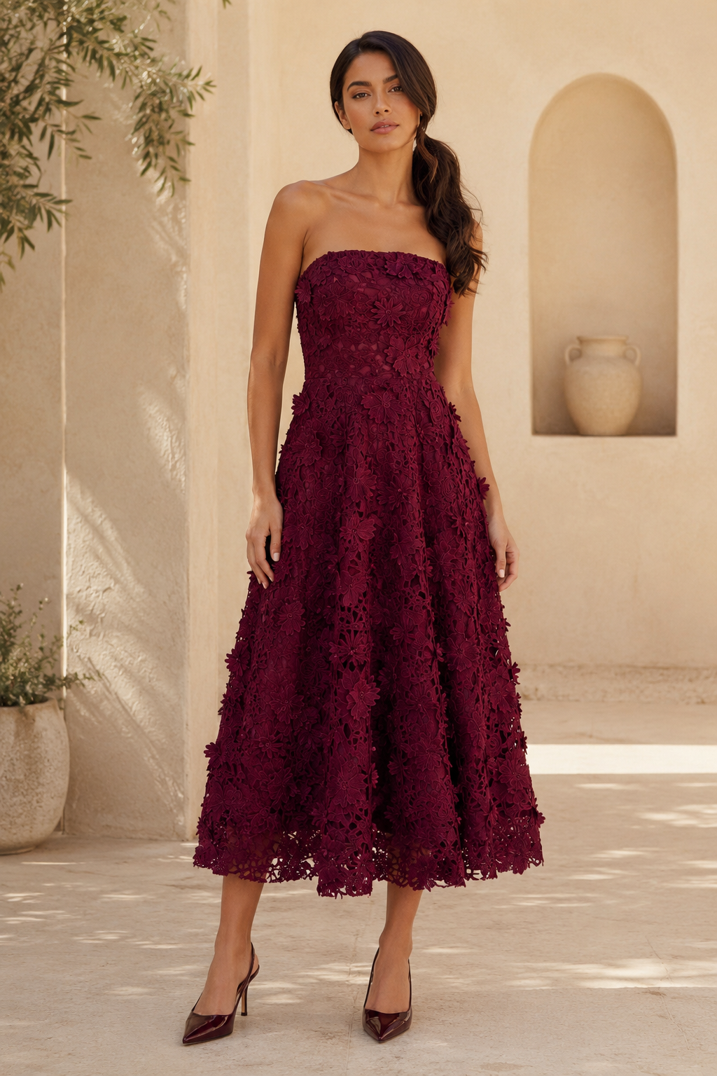 Vestido de fiesta sin tirantes línea A hasta la pantorrilla de encaje floral 3D