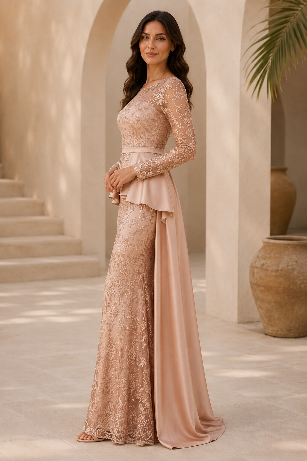 Vestido de Noche Sirena con Encaje Ilusión y Sobrefalda Larga de Satén