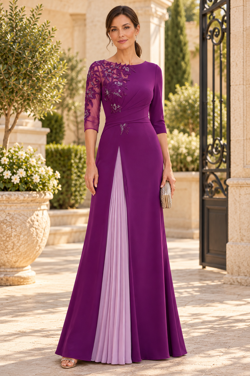 Pleated Inset Gown with Sheer Floral Sleeve