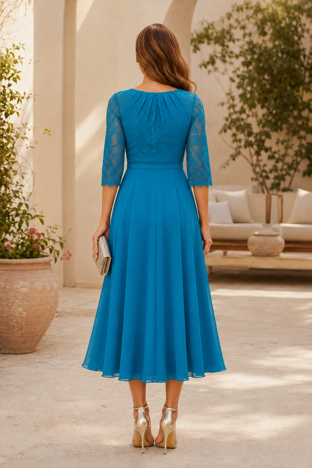 Vestido Midi de Encaje y Gasa Corte A