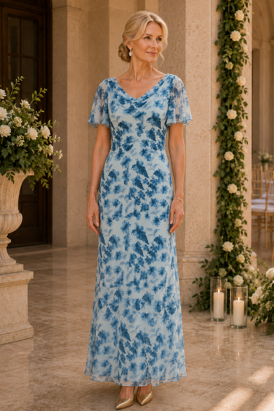 Vestido maxi de chifón con estampado floral, cuello desbocado y manga con volantes