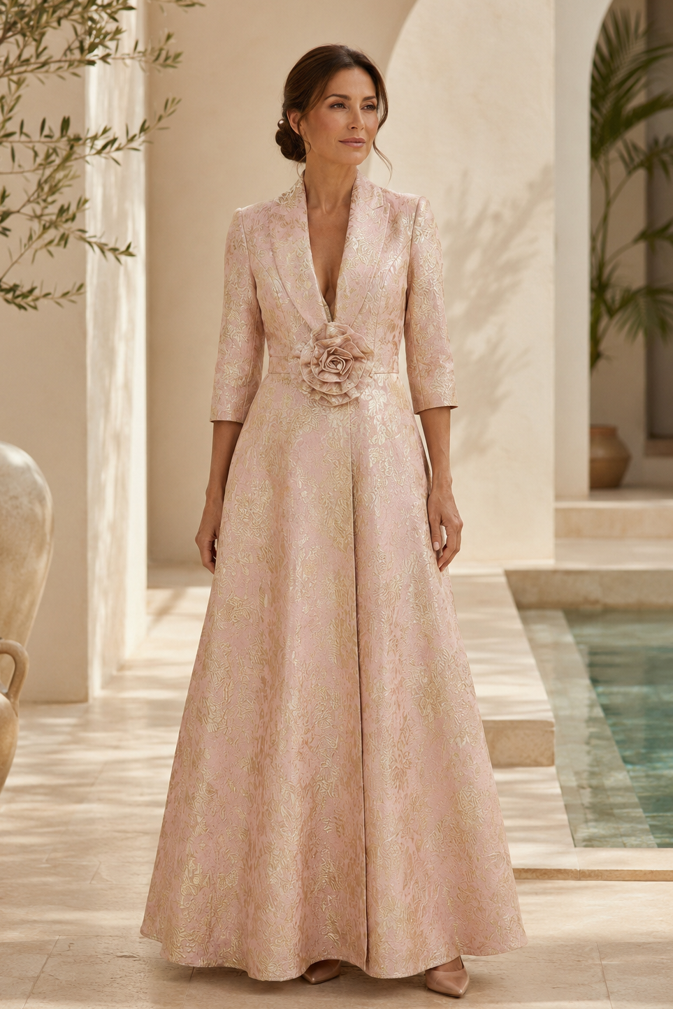 Elegante vestido de noche evasé en jacquard metálico