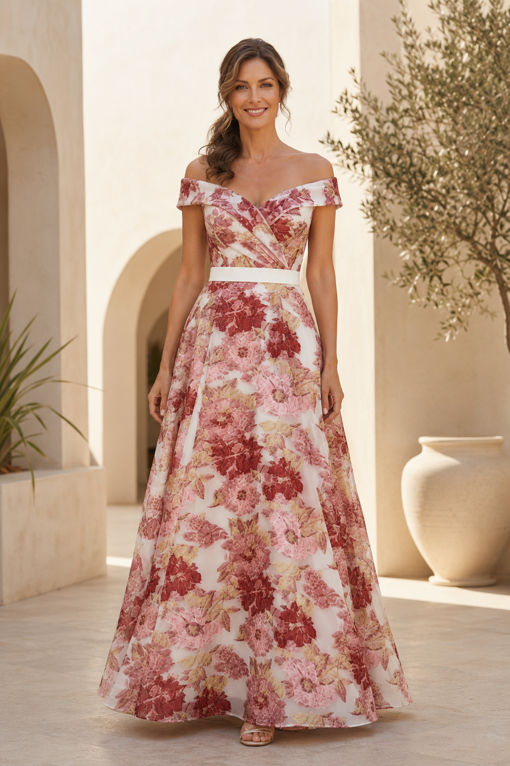 Vestido de noche acampanado con estampado floral y hombros descubiertos