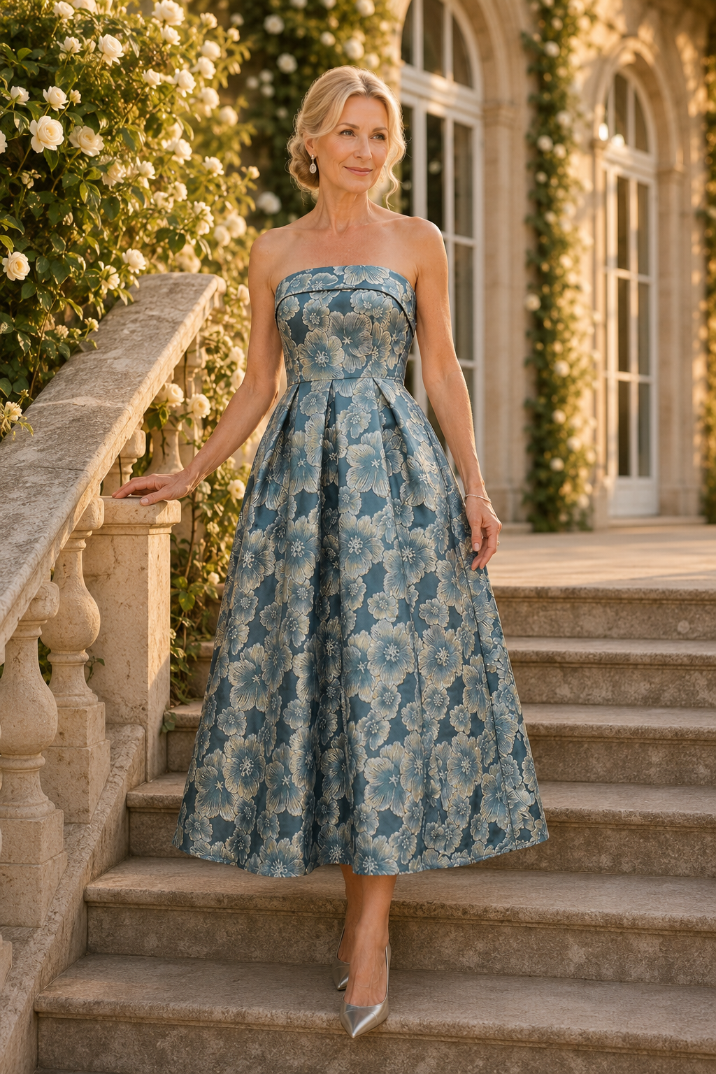 Vestido acampanado sin tirantes de jacquard floral hasta el tobillo
