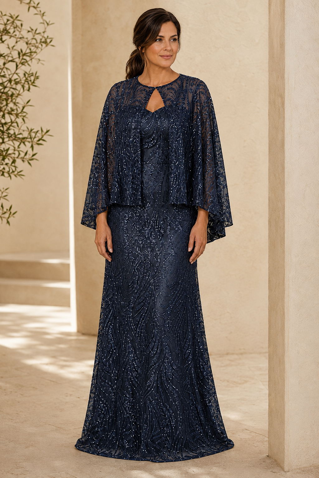 Vestido de noche largo hasta el suelo con capa superpuesta de lentejuelas