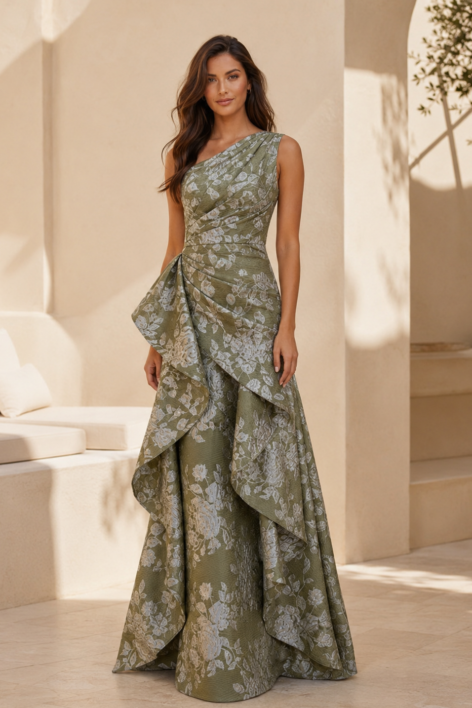 Vestido de noche con un solo hombro, volantes y jacquard floral
