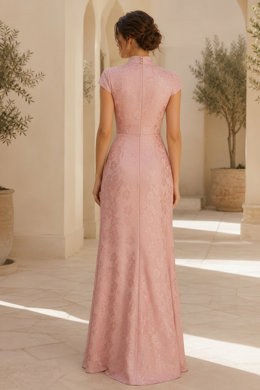 Vestido de noche jacquard floral con cuello mandarín